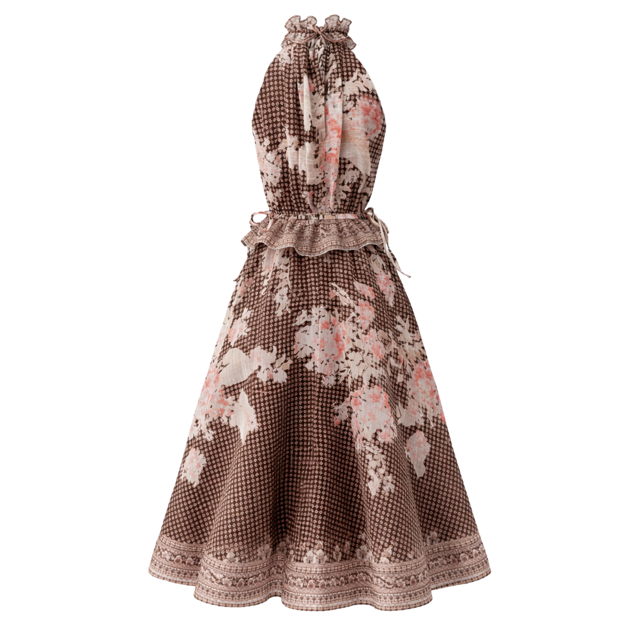 FLORAL DESEN BELİ BÜZGÜ DETAY ELBİSE KAHVE