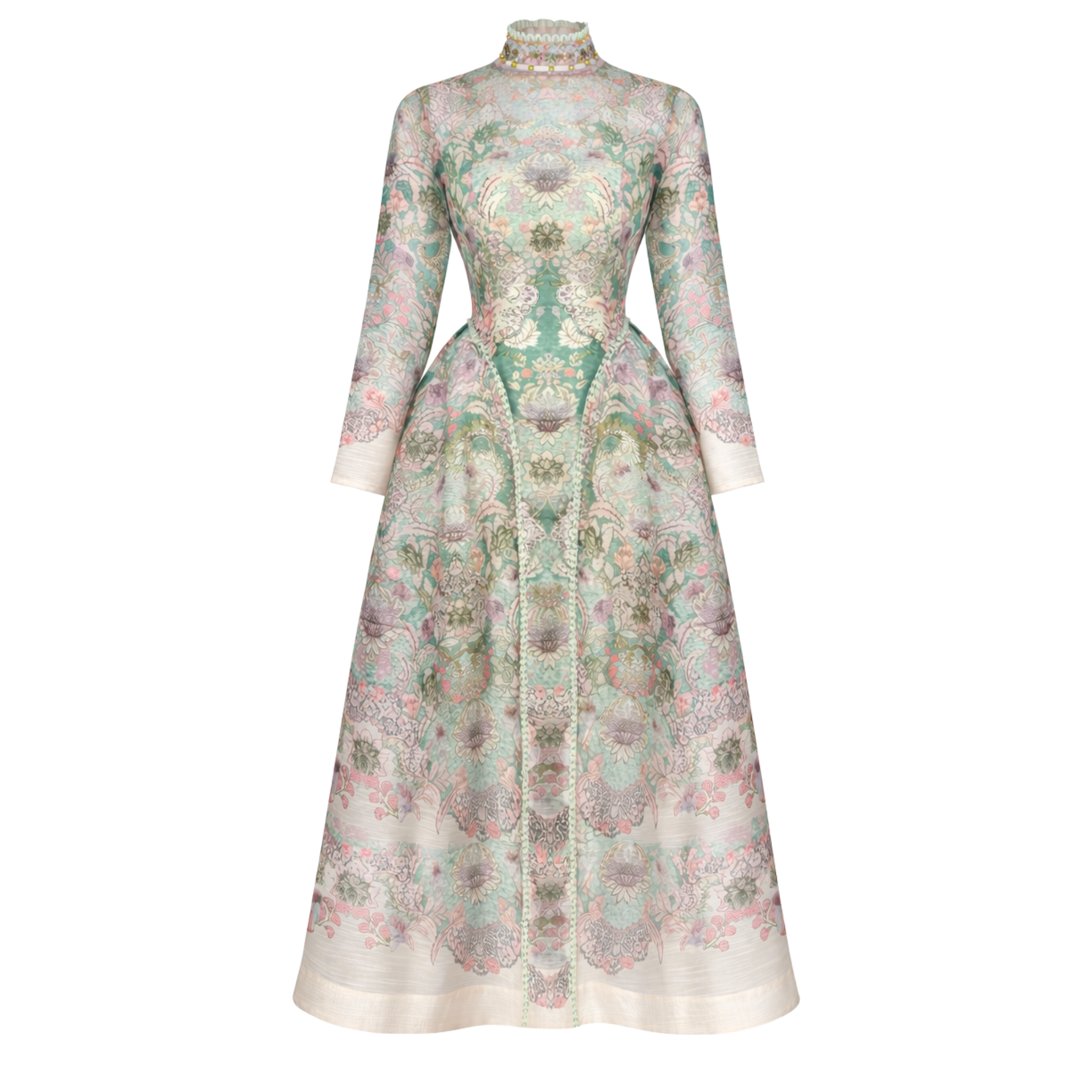 FLORAL DESEN YARI TRANSPARAN BEL VURGULU ELBİSE MİNT
