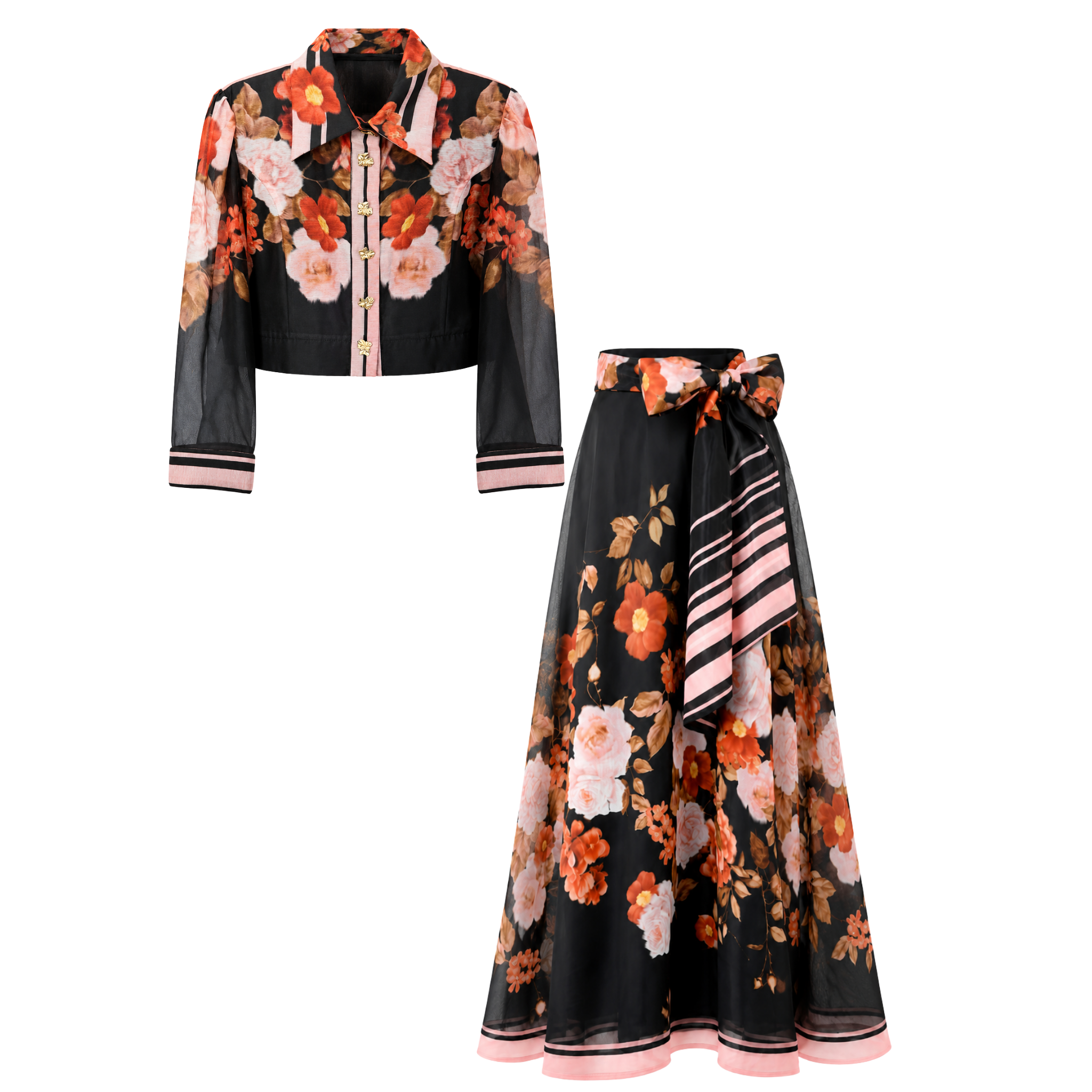 FLORAL PRINT SKIRT AND SHIRT SET BLACK