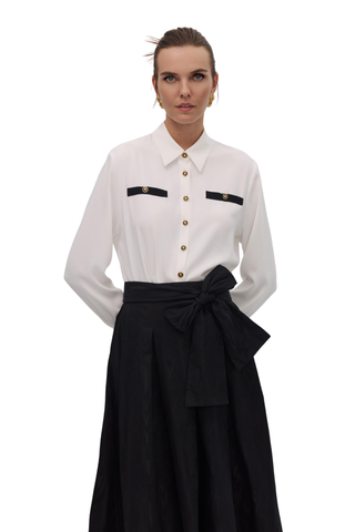 GOLD BUTTONED SCARF DETAIL SHIRT, ECRU