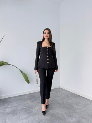 SQUARE NECK GOLD BUTTONED SUIT BLACK