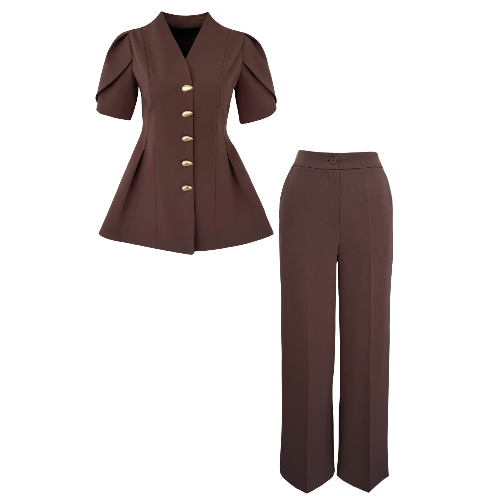 GOLD BUTTONS SHORT SLEEVE SET BROWN