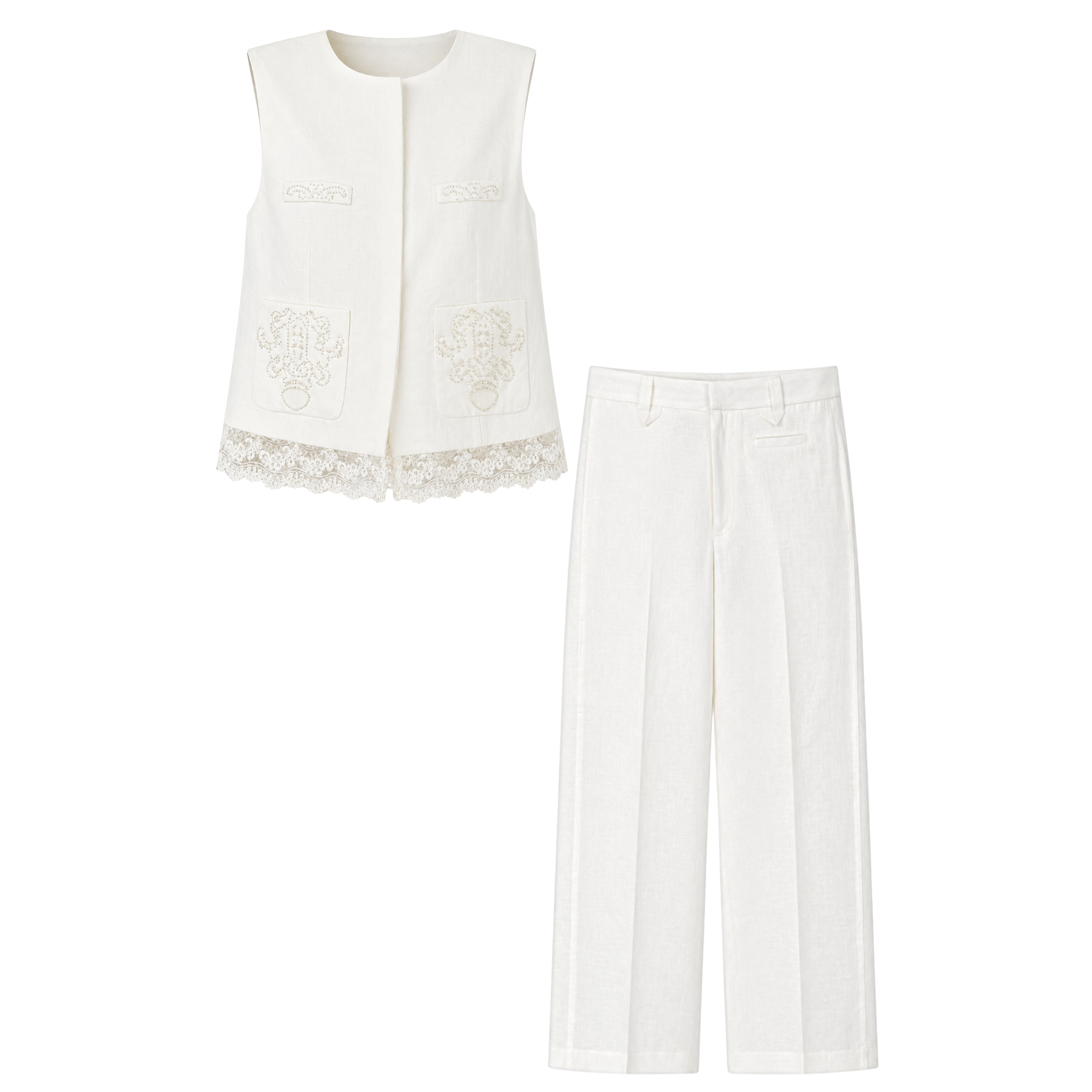GUIPURE DETAIL 100% LINEN VEST AND TROUSERS SET ECRU