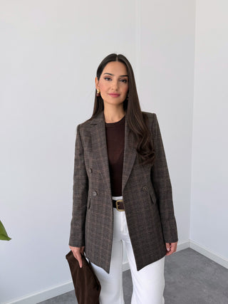 PLAID PATTERN BLAZER JACKET BROWN