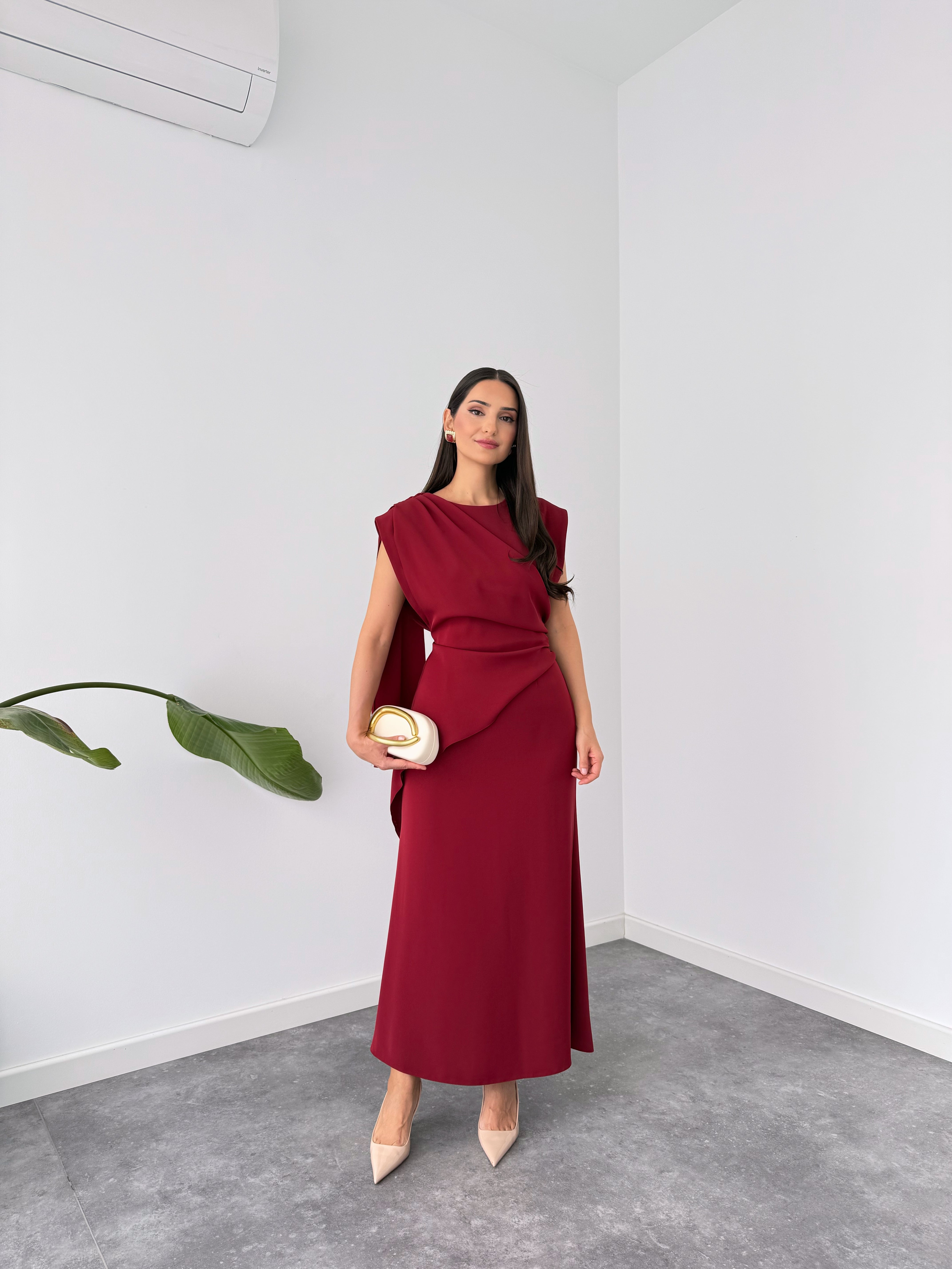 SHAWL SHOULDER DETAIL FLOWY DRESS BURGUNDY