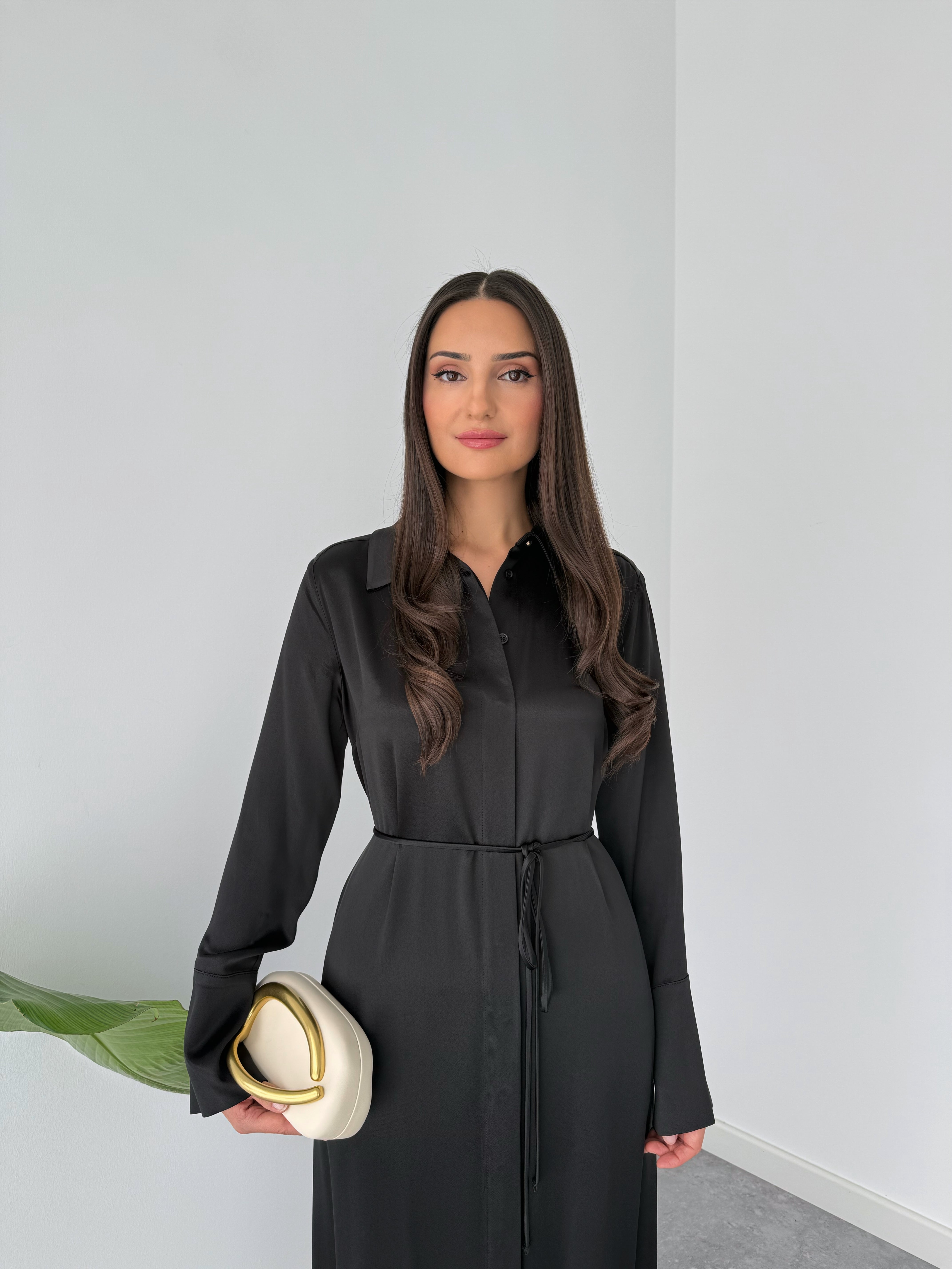 100% RAYON SATIN SHIMMER MAXI LENGTH SHIRT DRESS BLACK