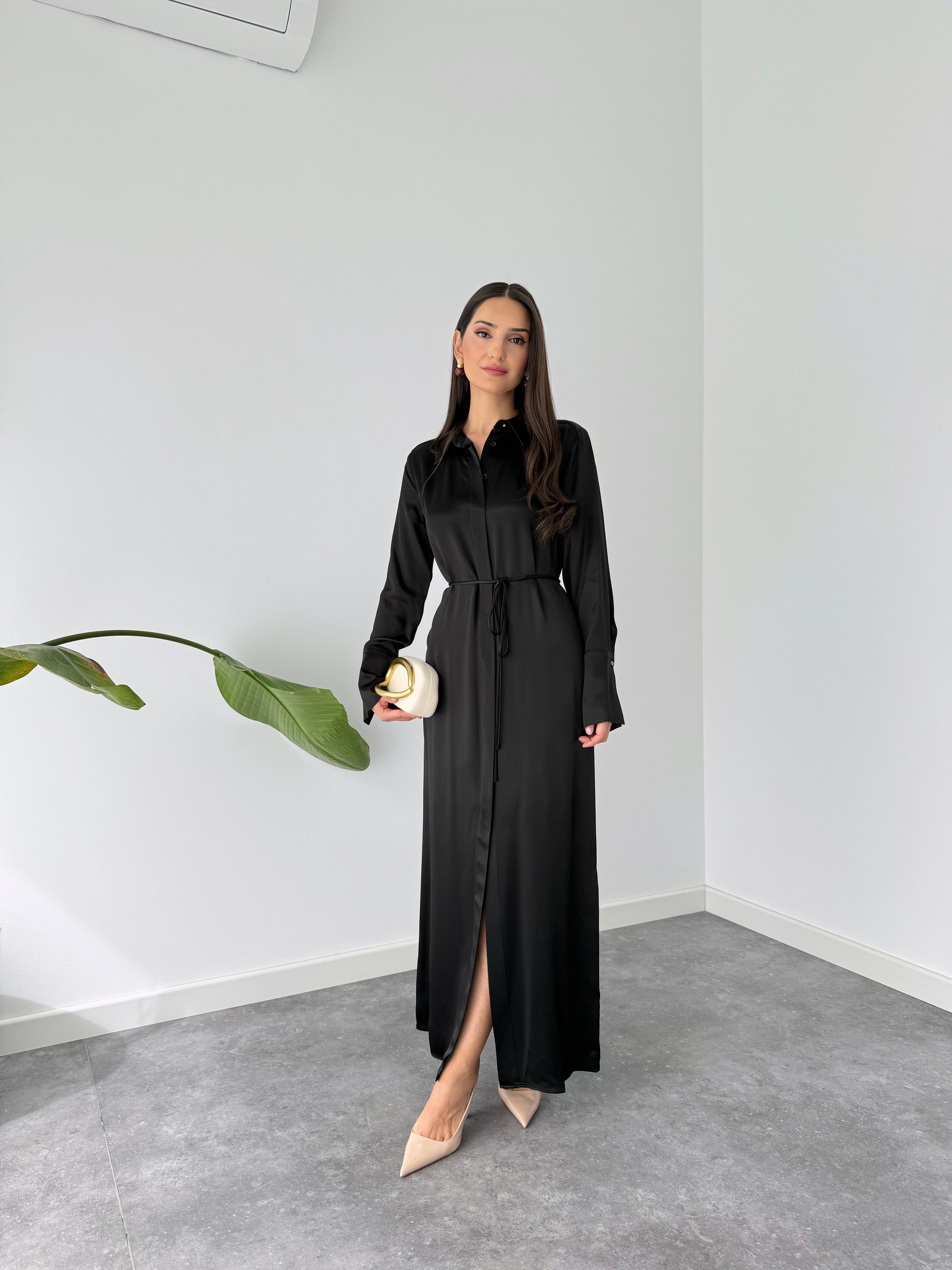 100% RAYON SATIN SHIMMER MAXI LENGTH SHIRT DRESS BLACK