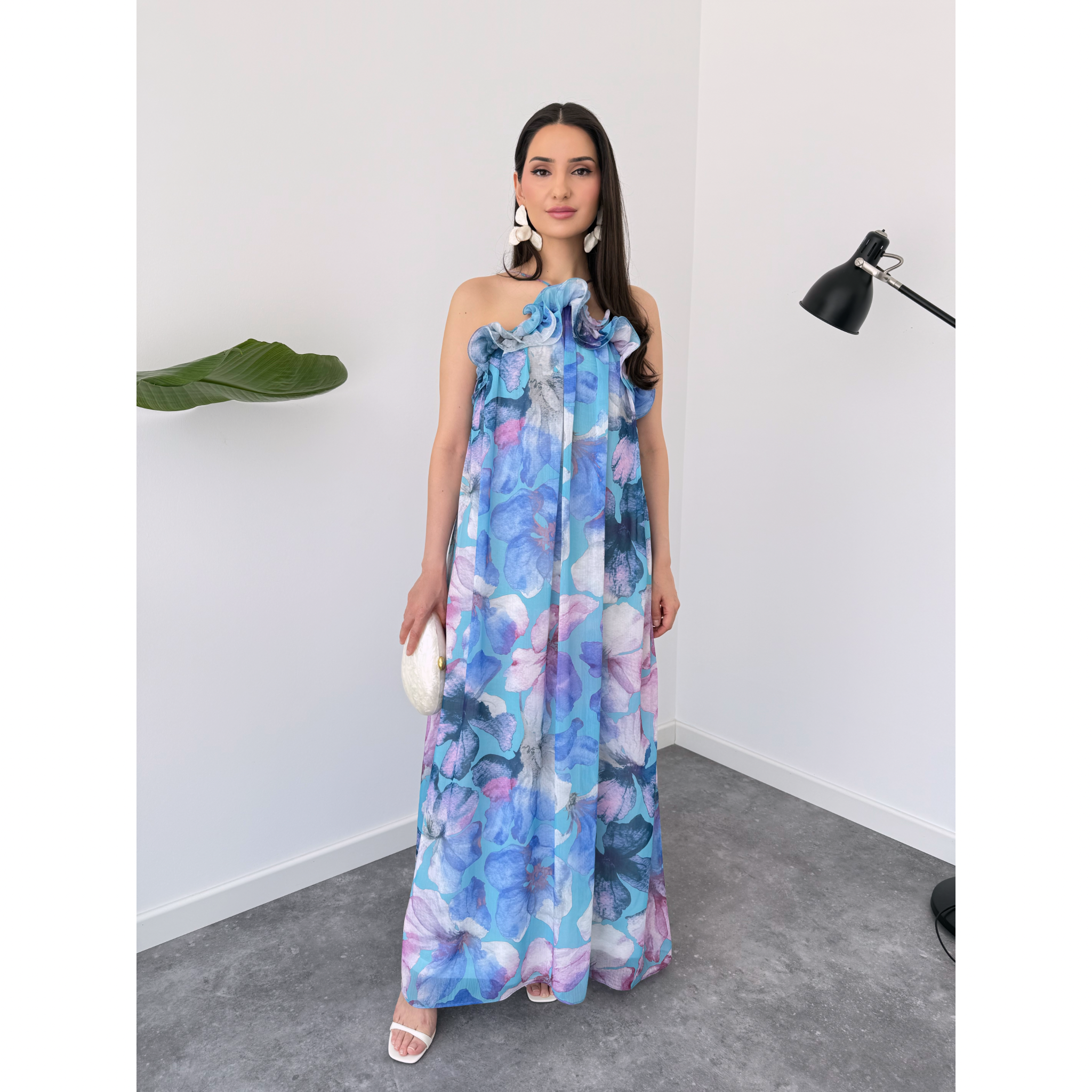 FLORAL PRINT RUFFLE DETAILED CHIFFON DRESS