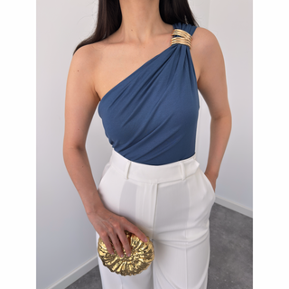 ONE-SHOULDER BLOUSE WITH SIDE DRAPING, INDIGO.