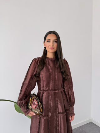 ELIZA RUFFLE DETAIL DRESS, BROWN