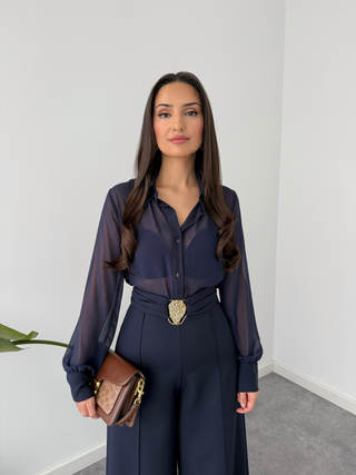 NAVY BLUE TRANSPARENT SHIRT WITH COLLAR DETAIL.