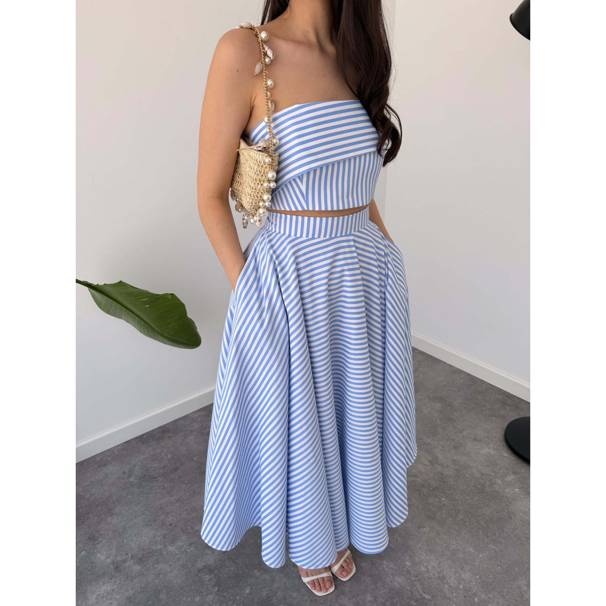 STRIPE DETAIL ASYMMETRIC NECKLINE BUSTIER BLUE