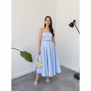 ÇİZGİ DETAY KABARIK ETEK MAVİ