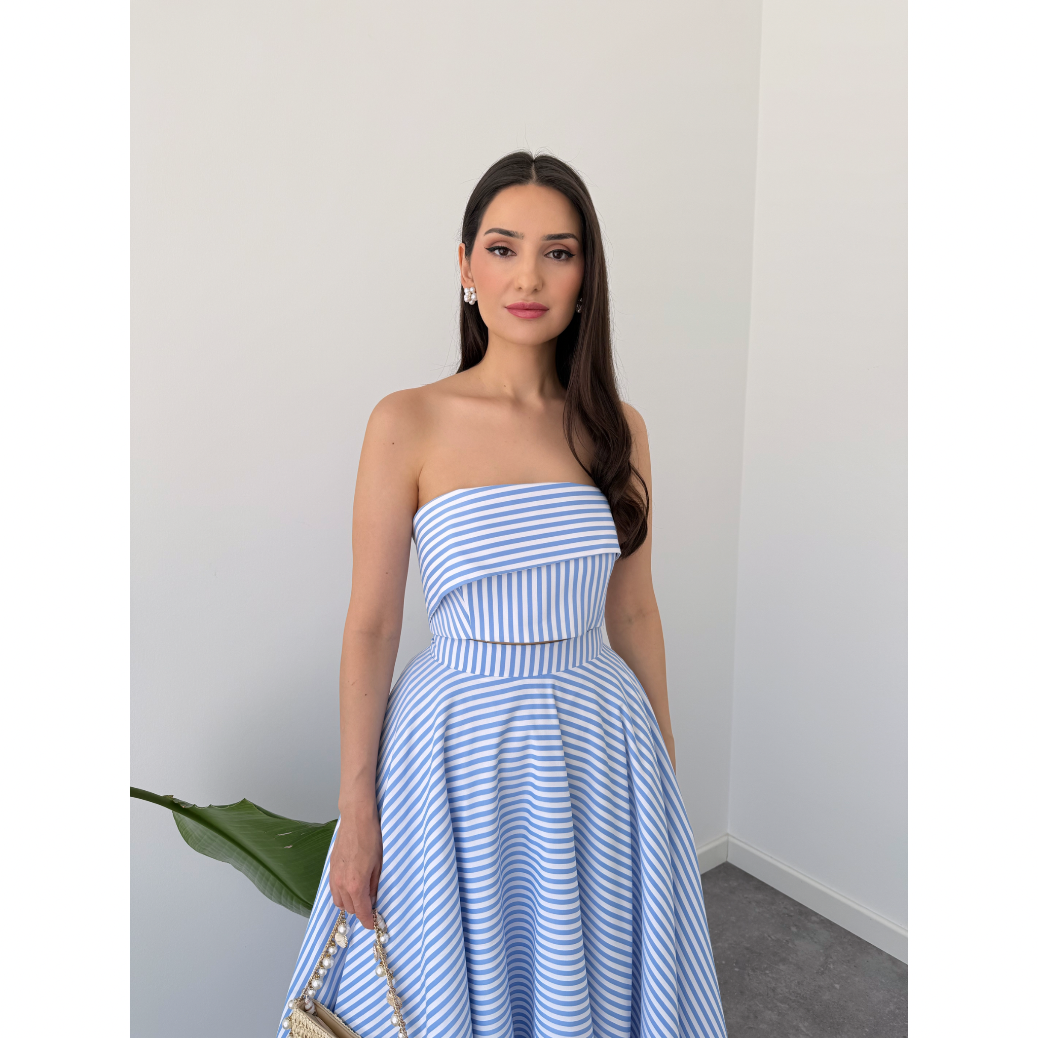 STRIPE DETAIL ASYMMETRIC NECKLINE BUSTIER BLUE