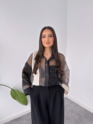 FABRIC MIX SEQUINED TRANSPARENT DESIGN SHIRT