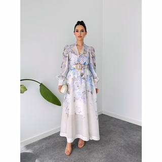 FLORAL DESEN KEMER DETAYLI ŞİFON ELBİSE MOR