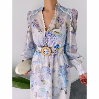 FLORAL DESEN KEMER DETAYLI ŞİFON ELBİSE MOR