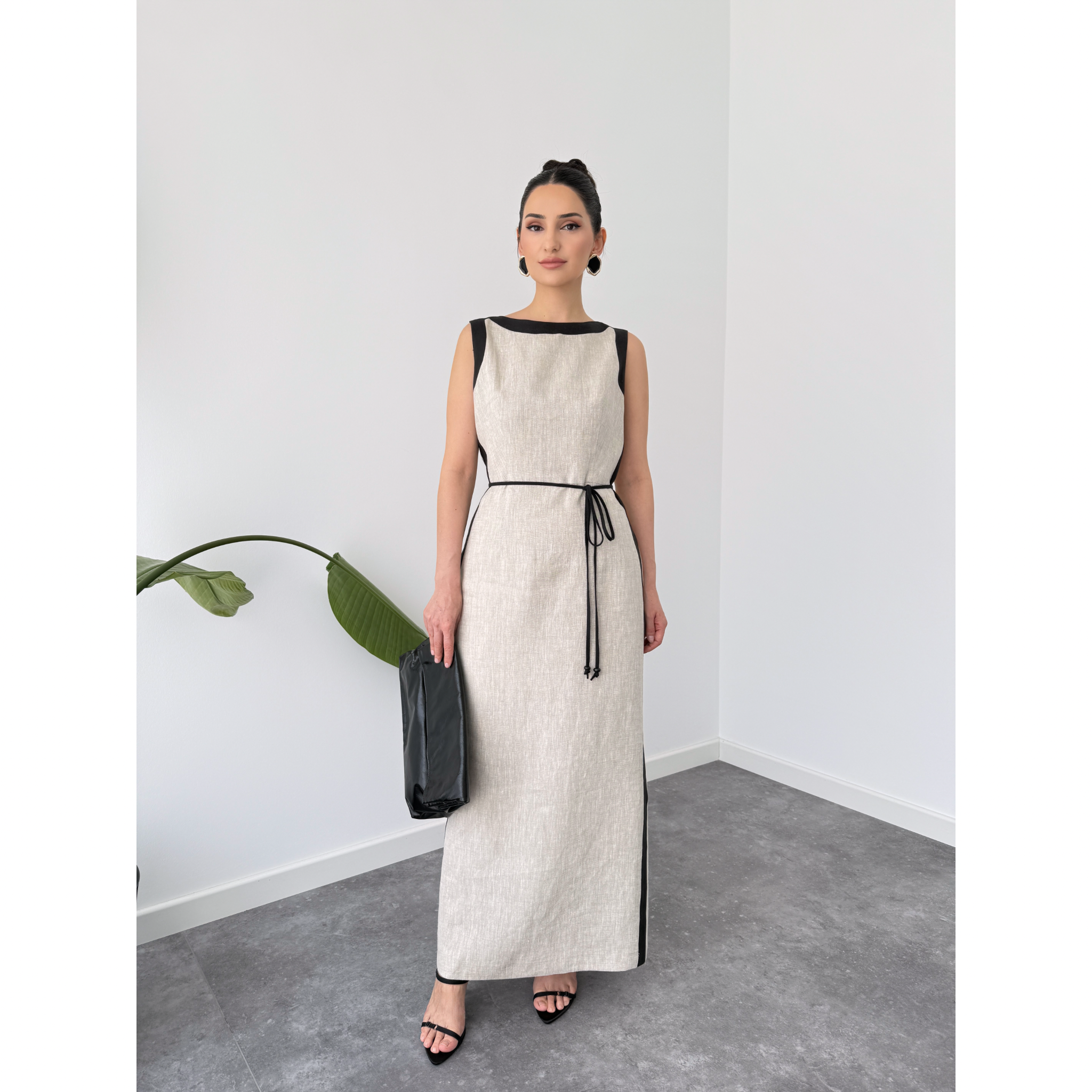 CONTRAST BAND DETAILED 100% LINEN DRESS