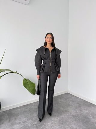 Jane Collar Detail Zip-Up Denim Jacket Grey