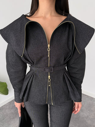 Jane Collar Detail Zip-Up Denim Jacket Grey