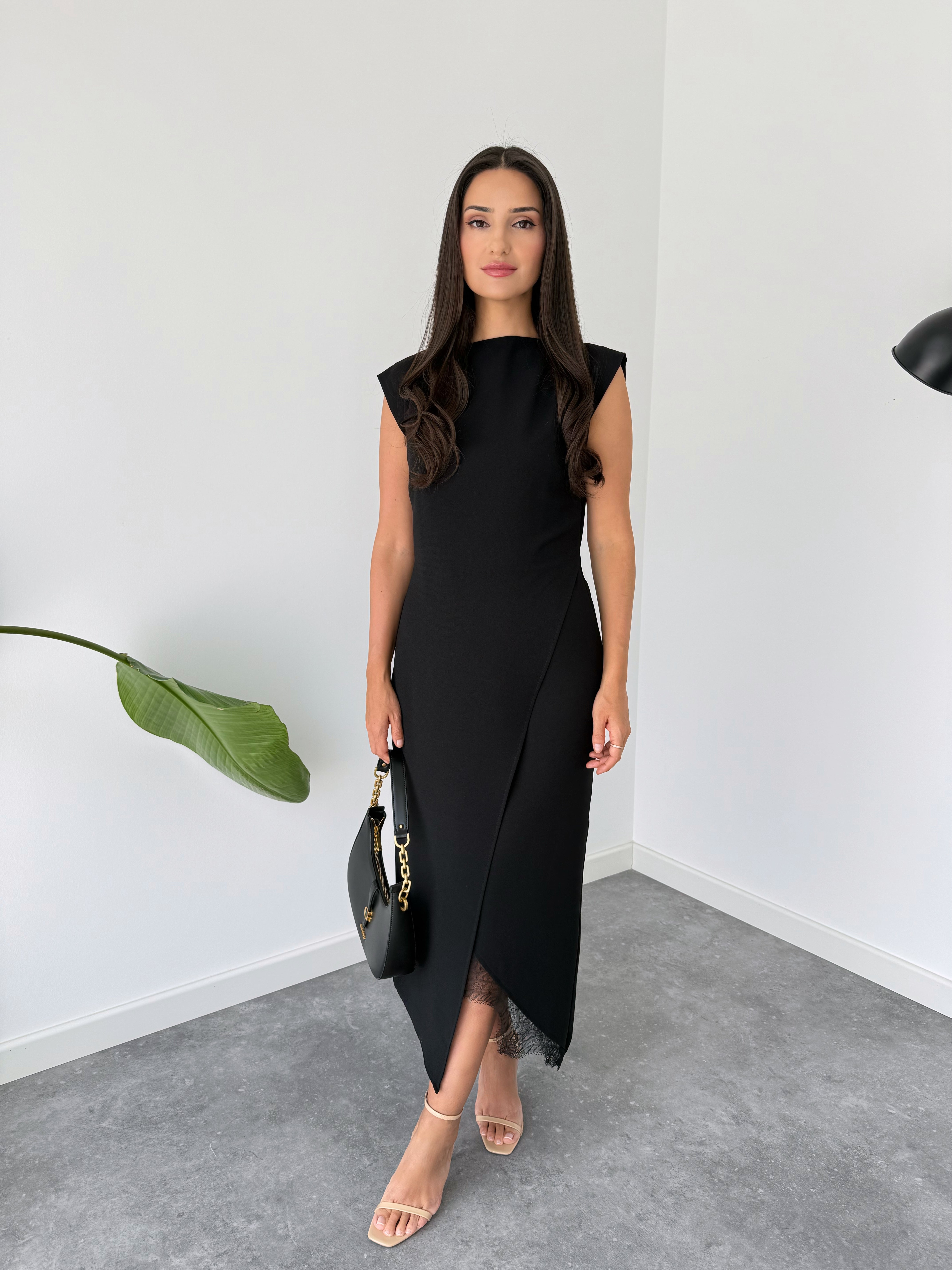 ASYMMETRIC CUT SKIRT LACE DETAIL DRESS