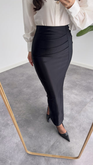 Draped Detail Slit Cotton Satin Skirt, Black