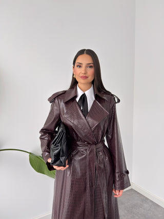 FAUX LEATHER DOUBLE-BREASTED PYTHON TRENCH COAT, BURGUNDY.