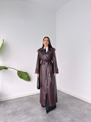 FAUX LEATHER DOUBLE-BREASTED PYTHON TRENCH COAT, BURGUNDY.