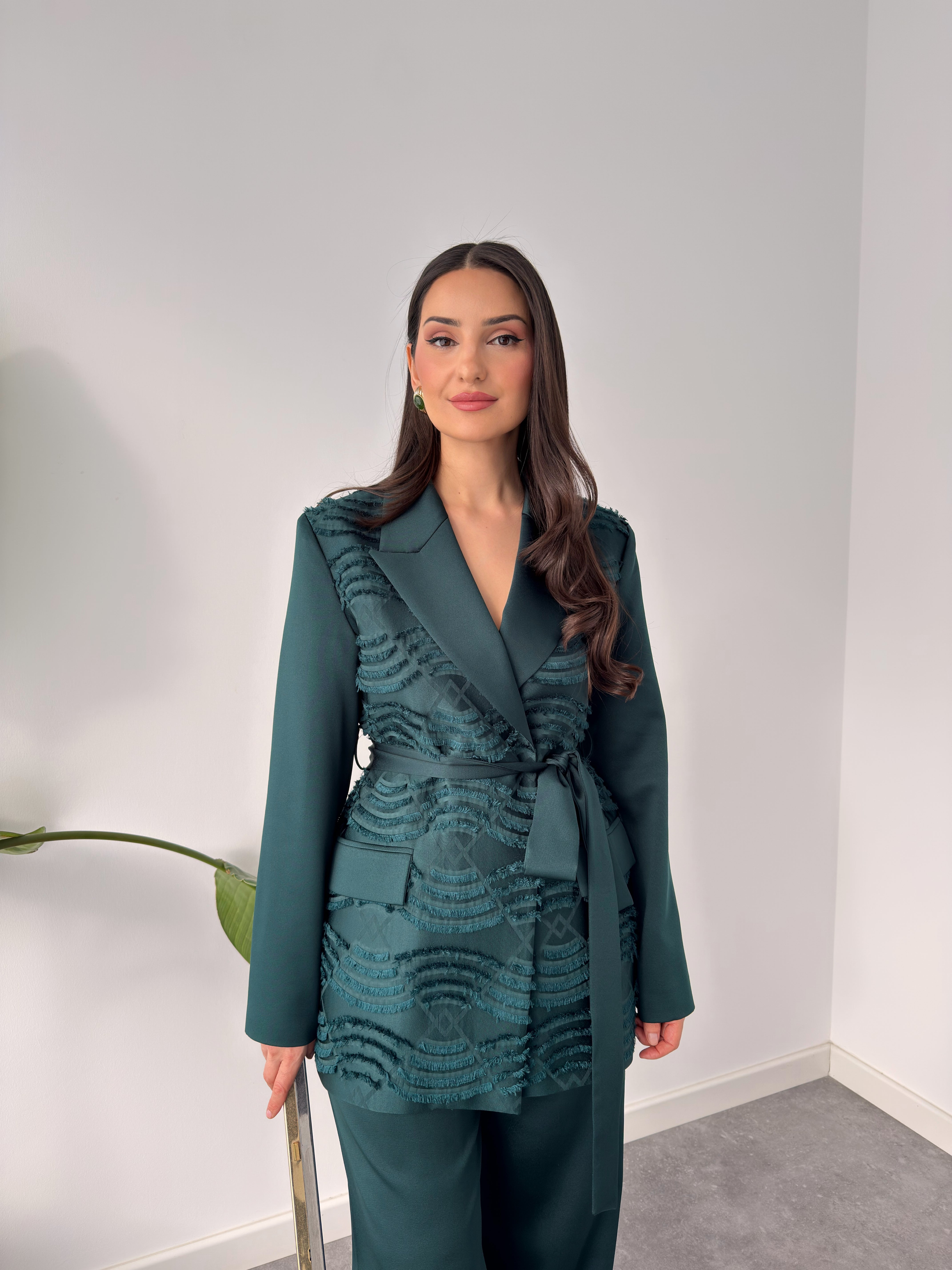 Belted Jacquard Suit Green