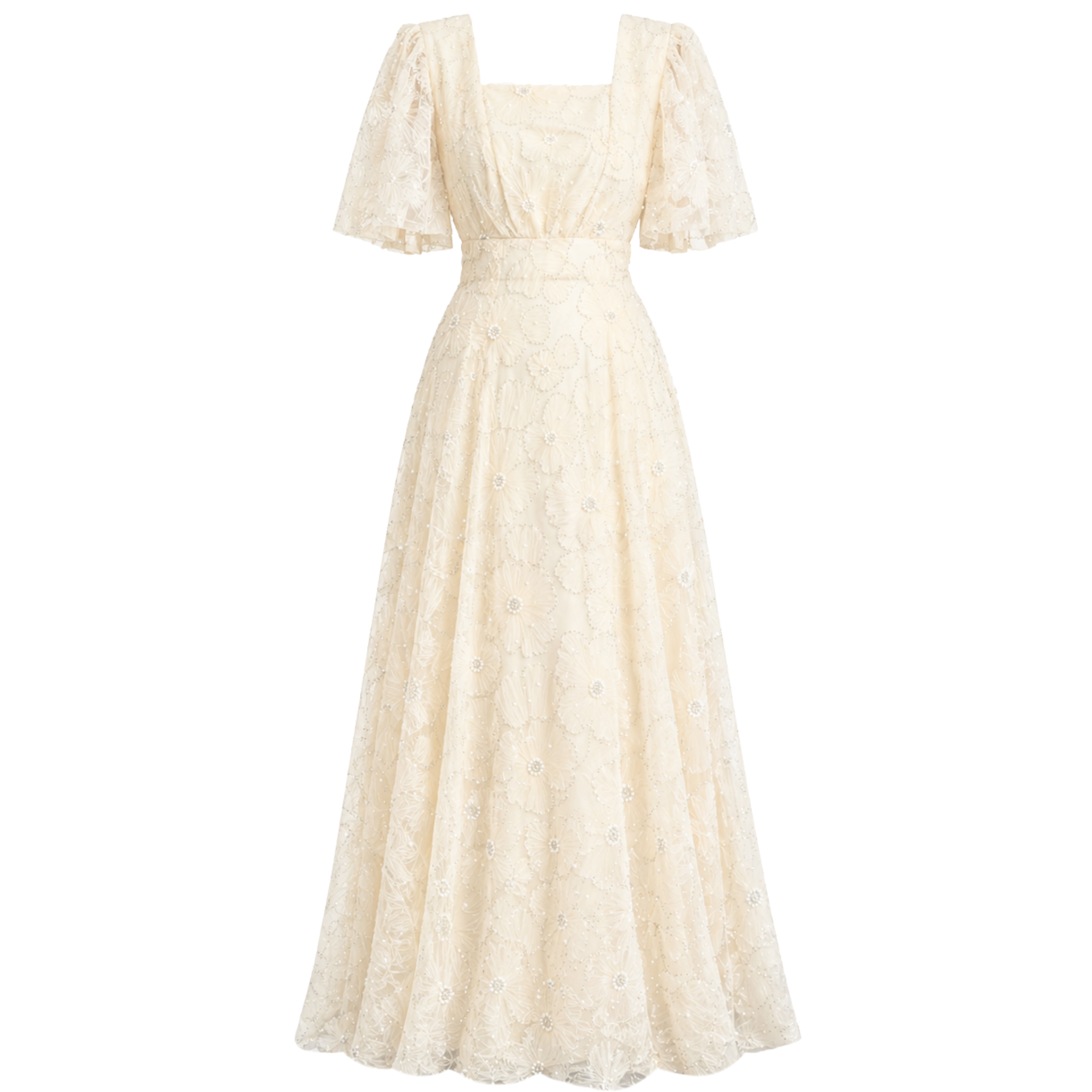 PEARL EMBROIDERED MAXI LENGTH DRESS ECRU