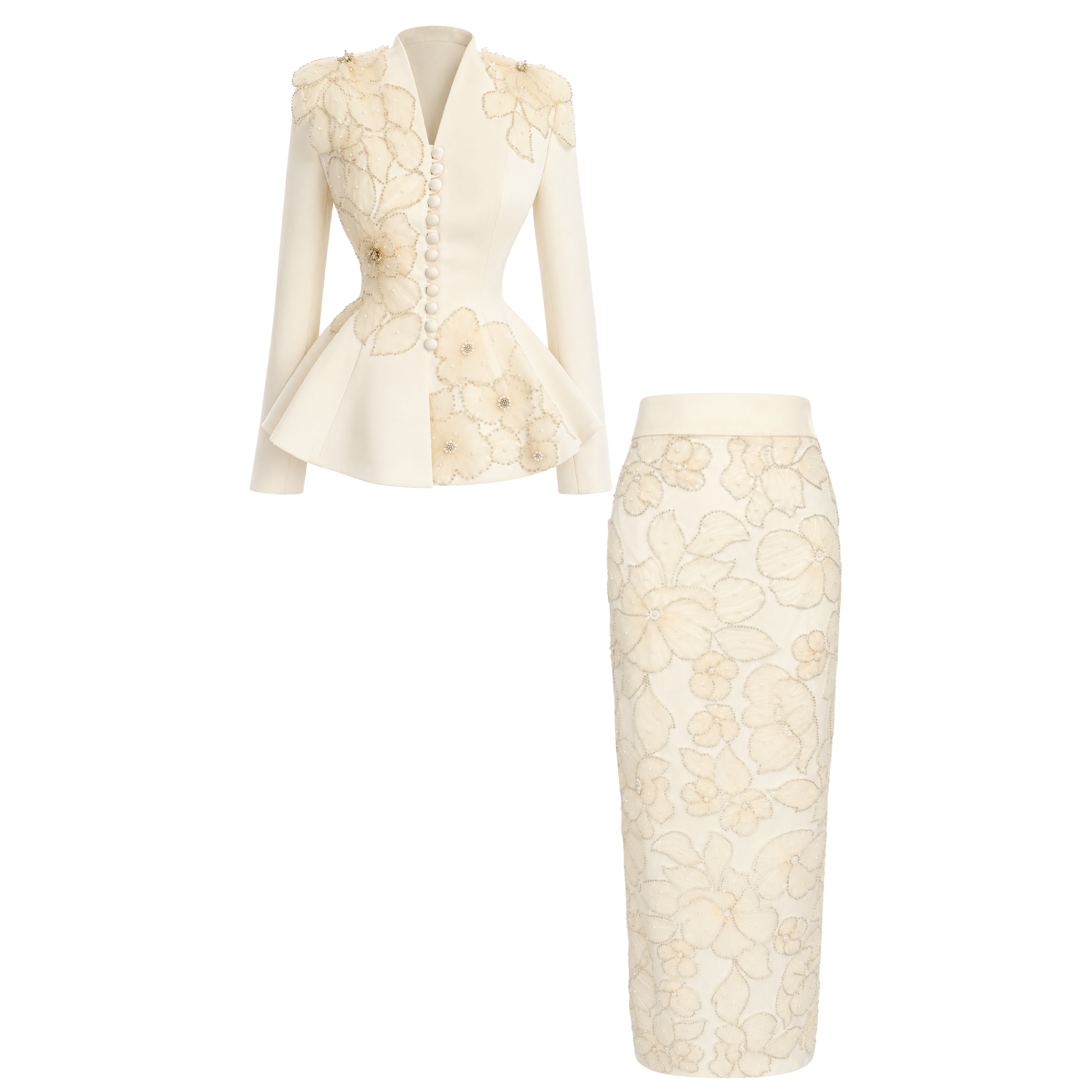 EMBROIDERY DETAIL PENCIL SKIRT AND JACKET SET ECRU