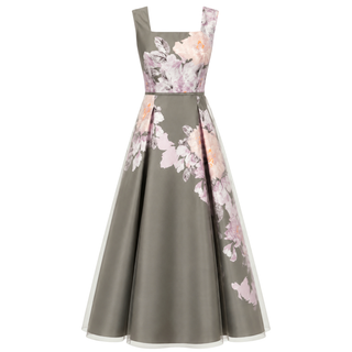 KARE YAKA FLORAL DESEN ELBİSE HAKİ