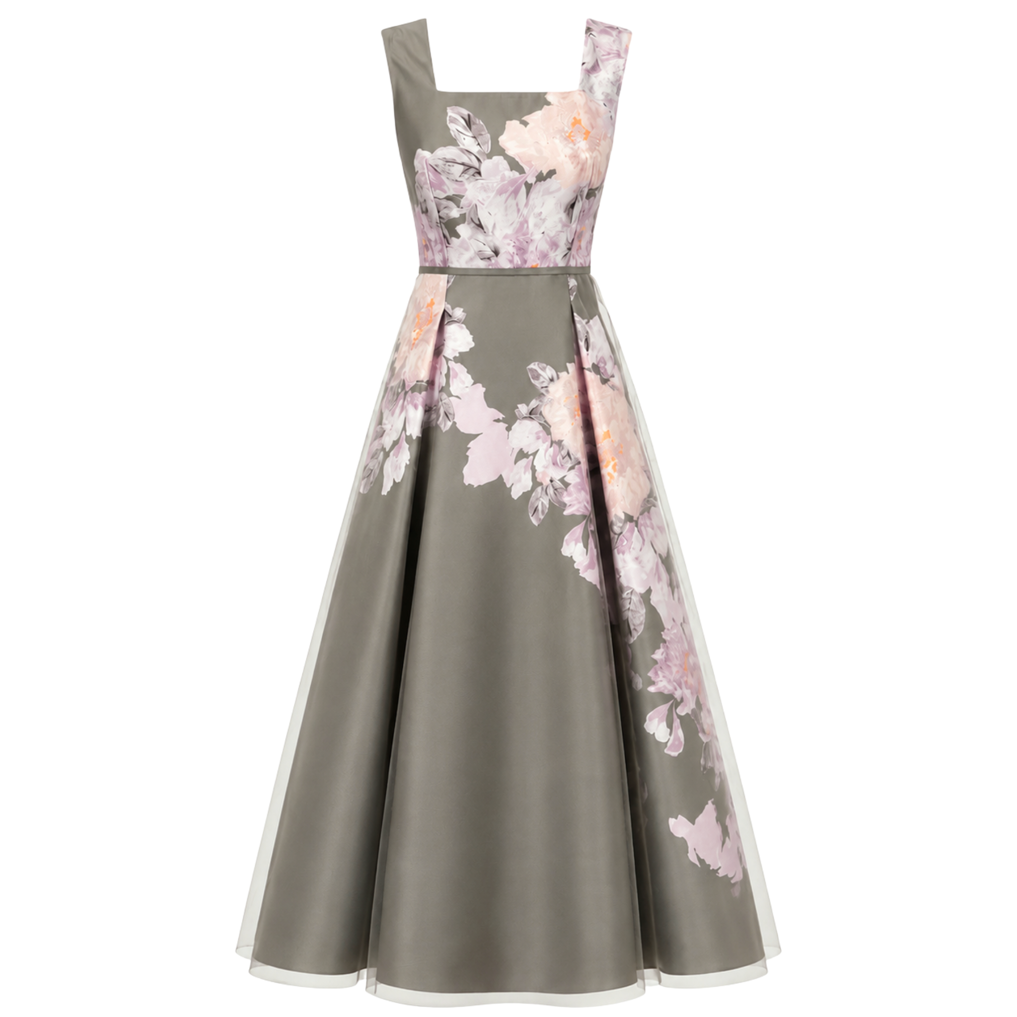 SQUARE NECK FLORAL PRINT DRESS KHAKI