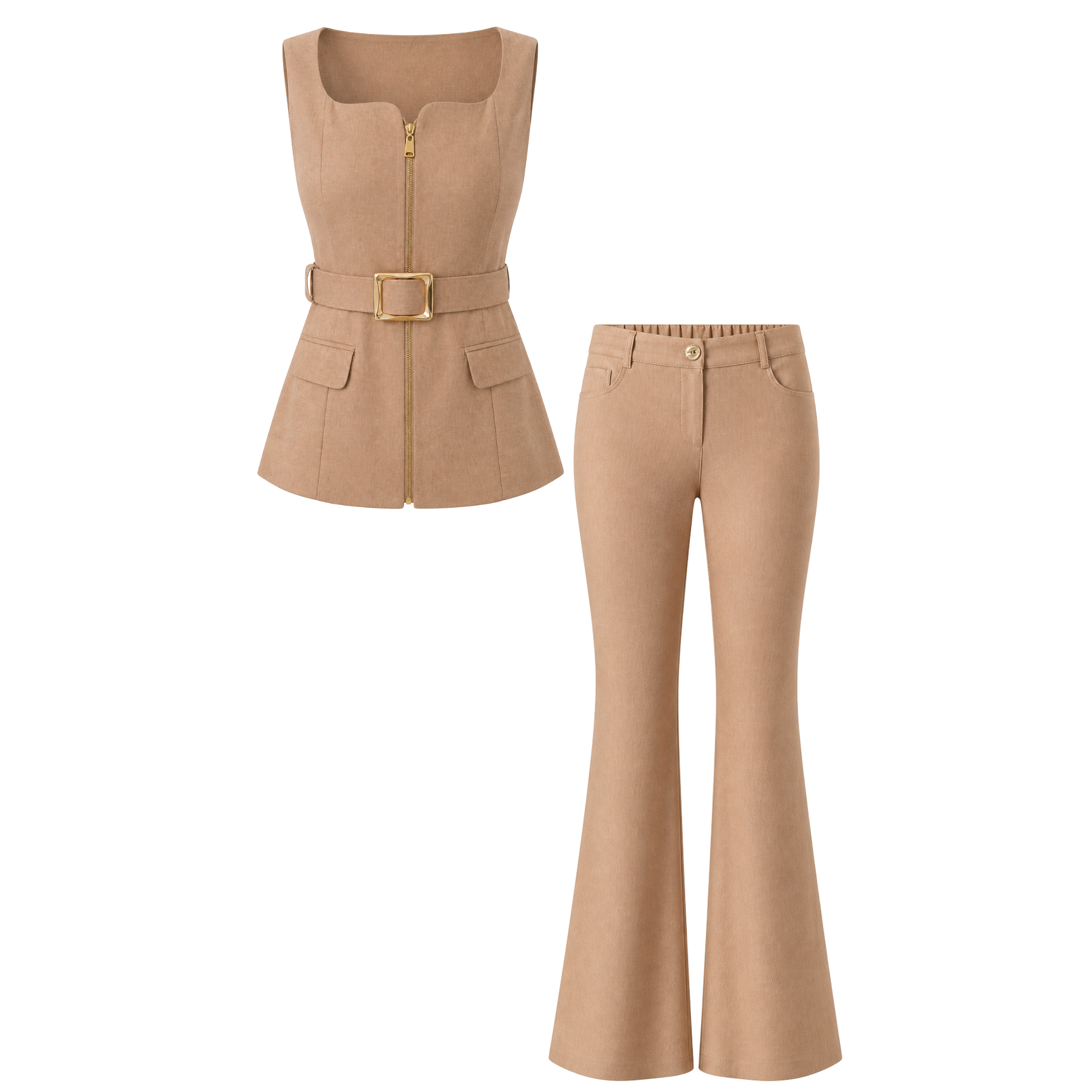 HEART COLLAR ZIP DETAIL SET CAMEL