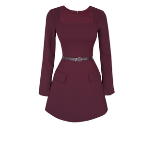 SQUARE NECK DRESS WITH BELT DETAIL, BURGUNDY