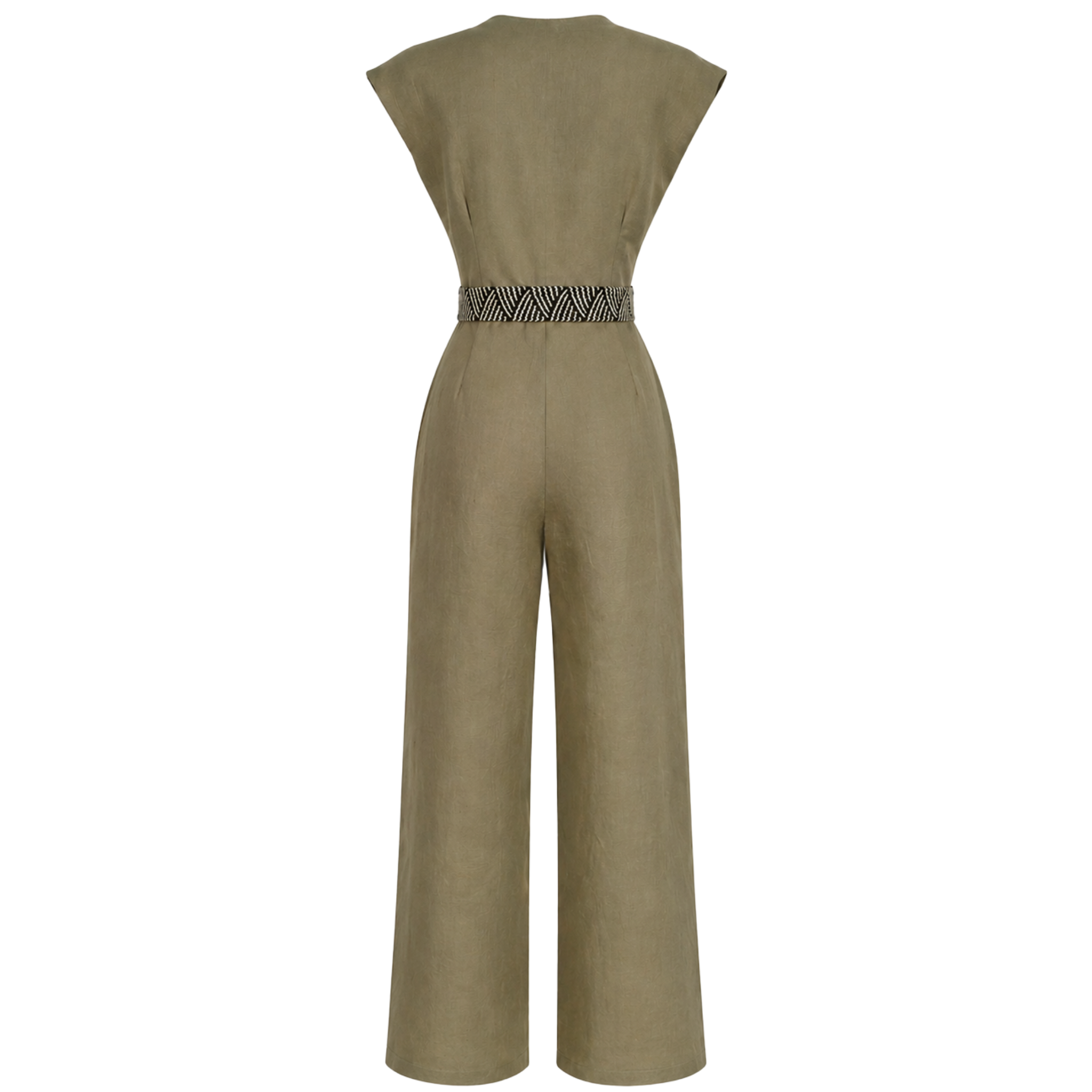 BELT DETAIL 100% LINEN JUMPSUIT KHAKI