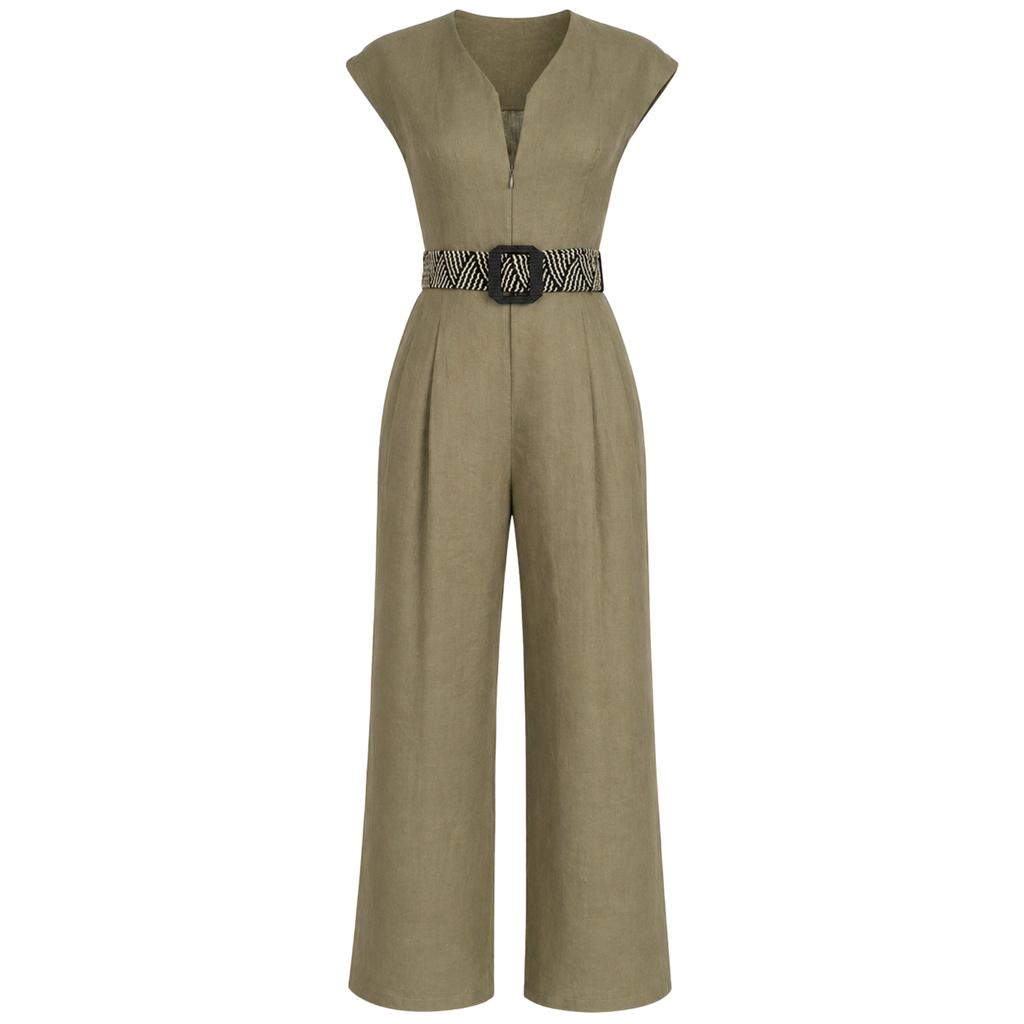BELT DETAIL 100% LINEN JUMPSUIT KHAKI