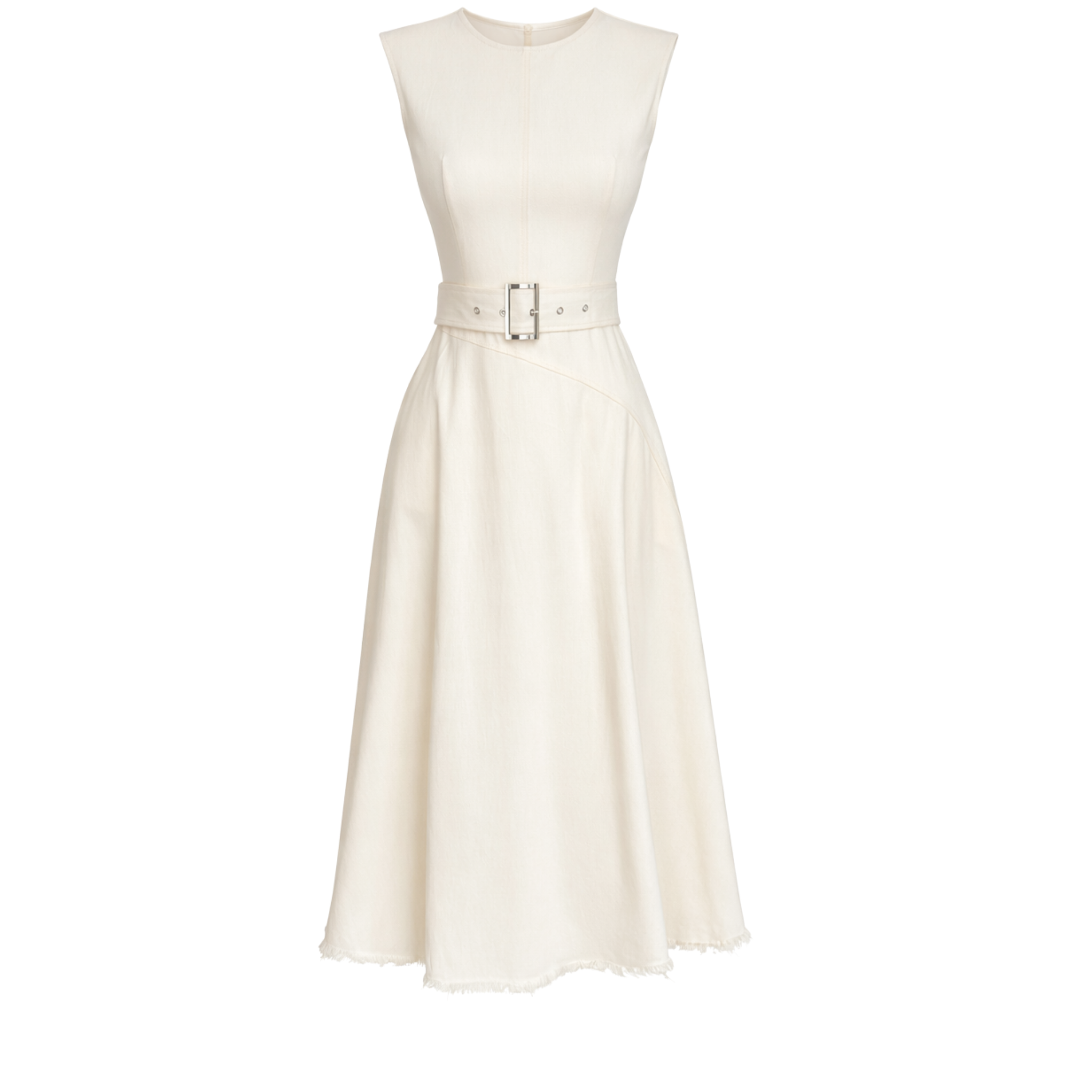 BELTED A-LINE STYLE GABARDINE DRESS ECRU