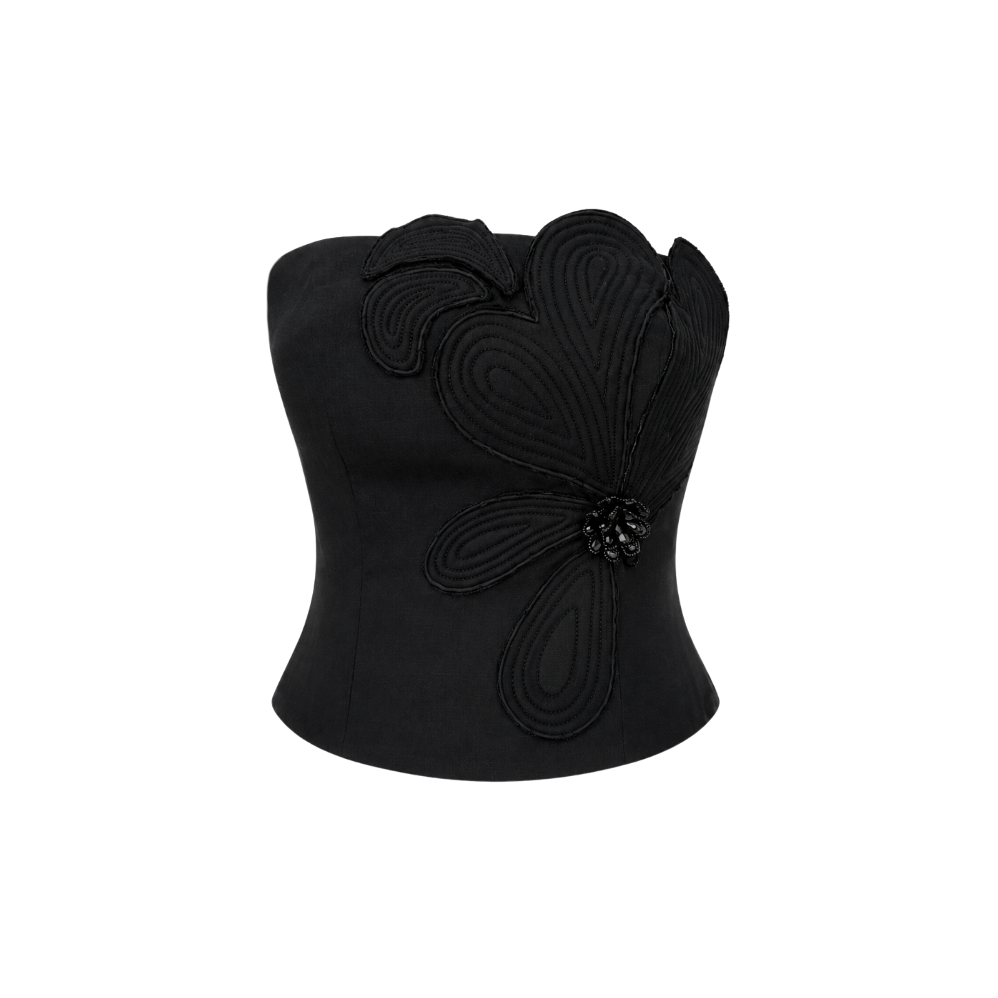 FLORAL EMBROIDERY DETAIL 100% LINEN BUSTIER BLACK
