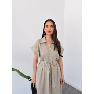 DORA KEMER DETAY ELBİSE BEJ