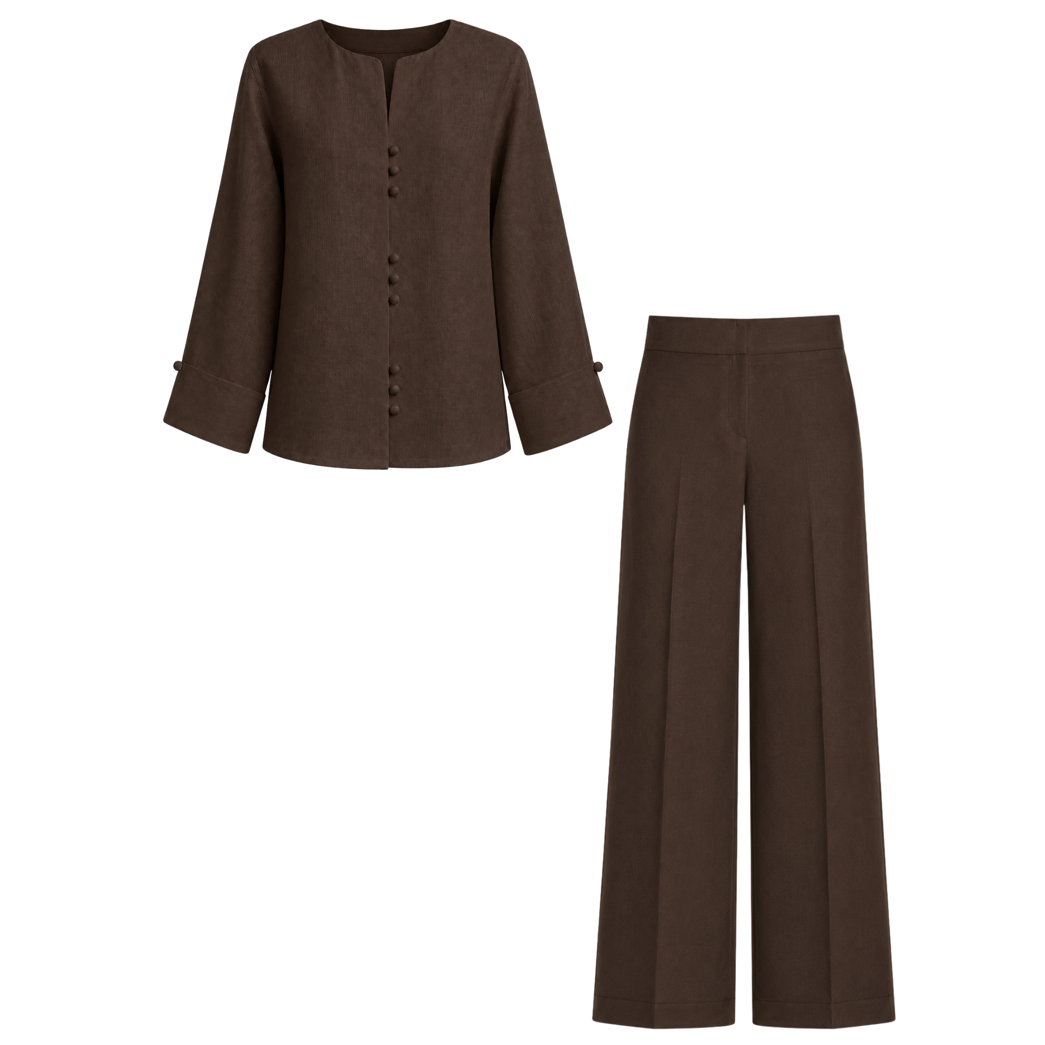 BUTTON DETAIL 100% LINEN SET BROWN