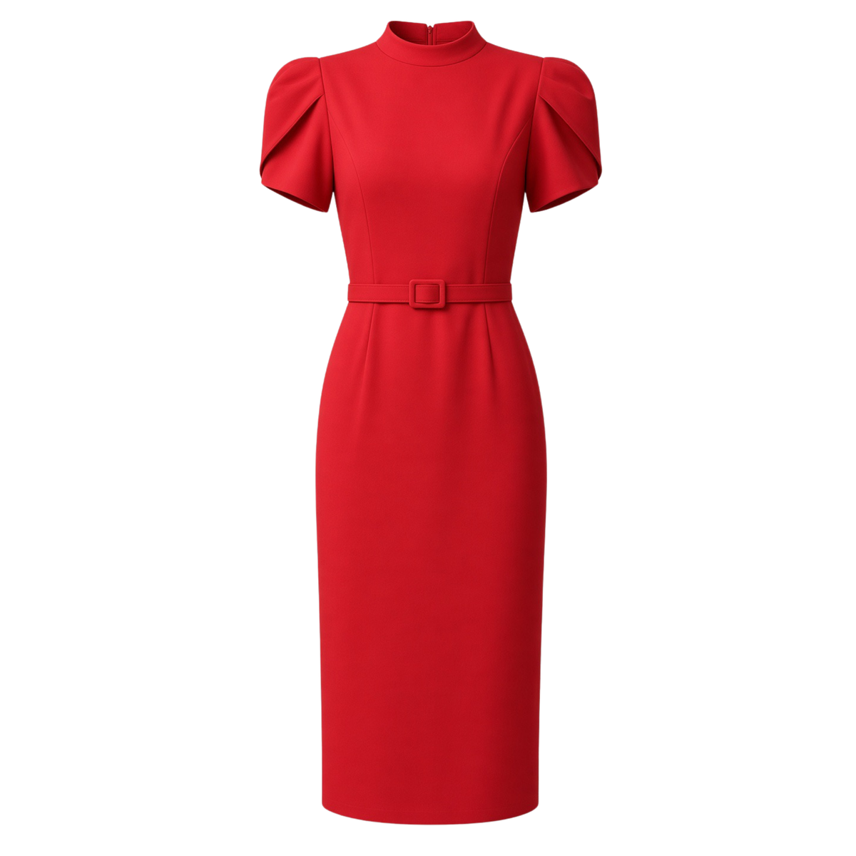 HIGH NECK BELT DETAIL PENCIL DRESS RED