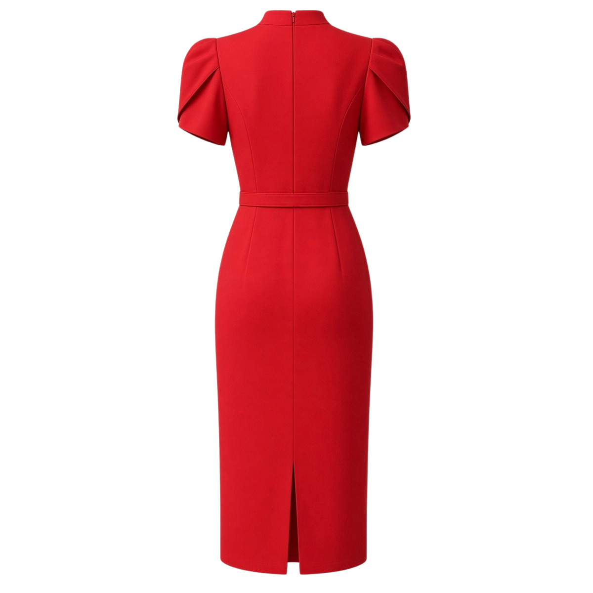 HIGH NECK BELT DETAIL PENCIL DRESS RED