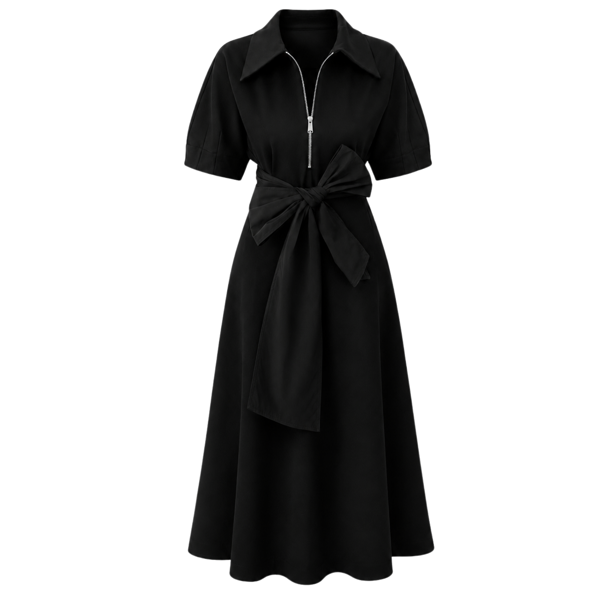 SHORT SLEEVE WAIST SASH DETAIL ZIPPED DRESS BLACK