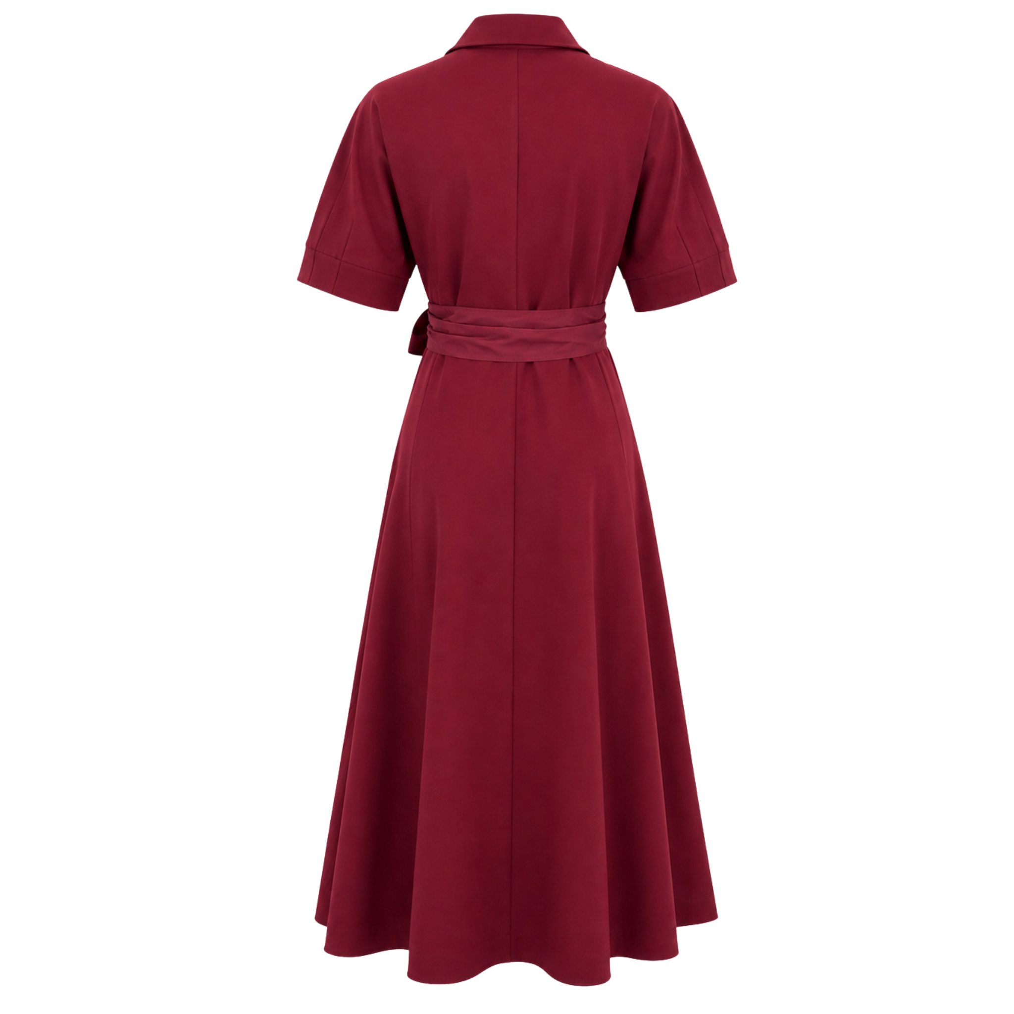 SHORT SLEEVE WAIST SASH DETAIL ZIPPED DRESS BURGUNDY