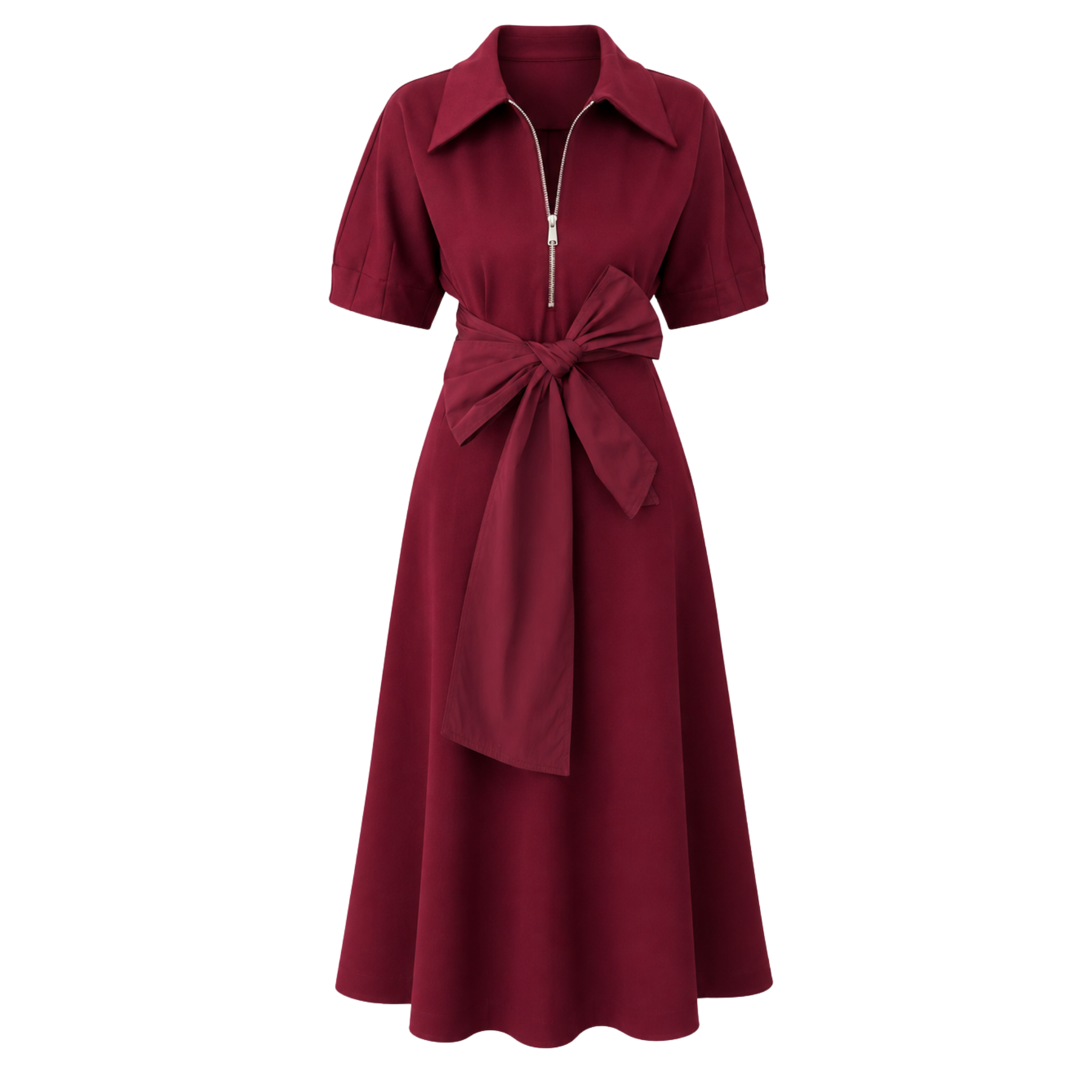 SHORT SLEEVE WAIST SASH DETAIL ZIPPED DRESS BURGUNDY