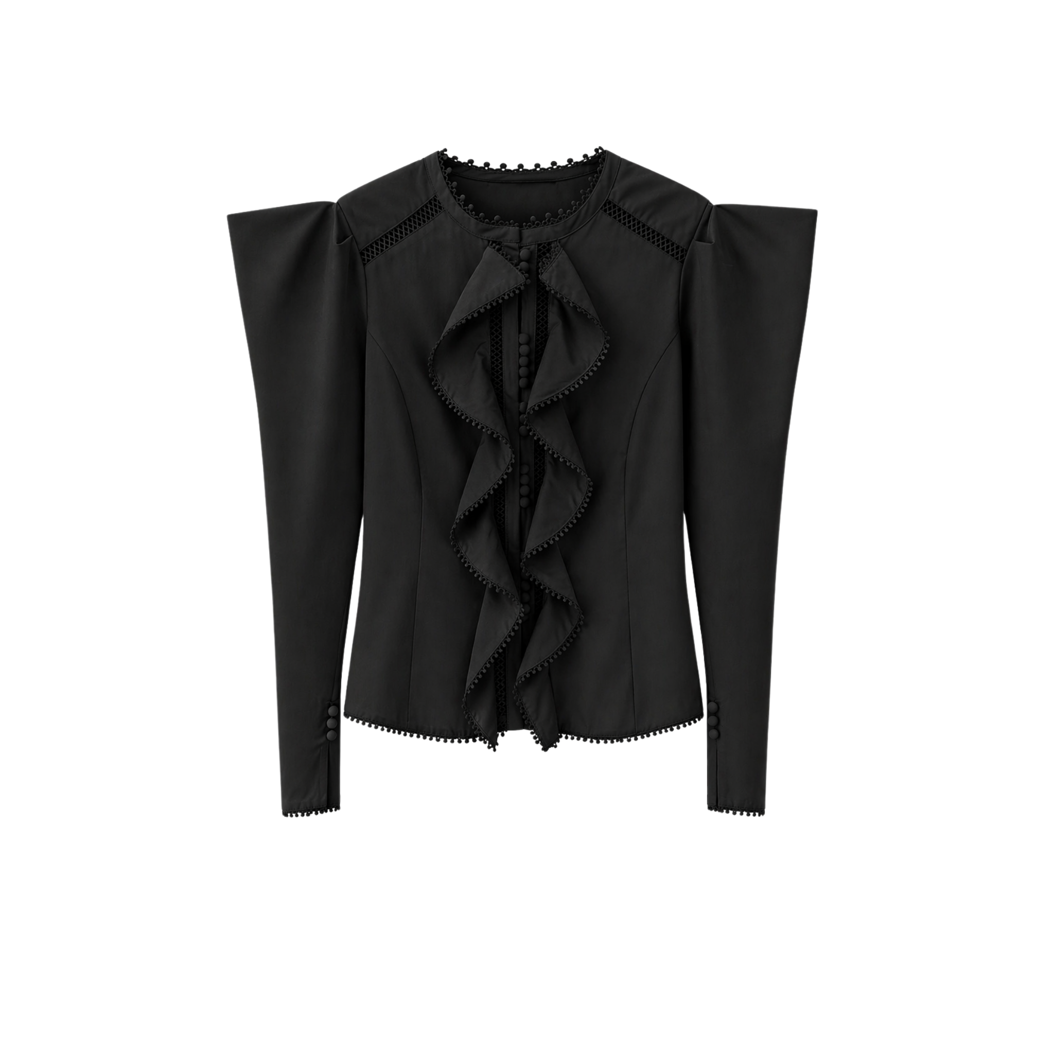 SLEEVE AND COLLAR DETAIL 100% COTTON BLOUSE BLACK