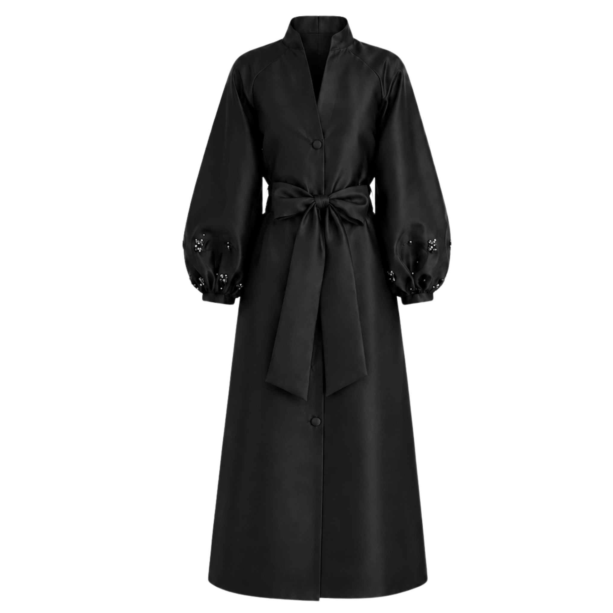 STONE EMBROIDERED SLEEVES BELTED WAIST TAFFETA DRESS BLACK