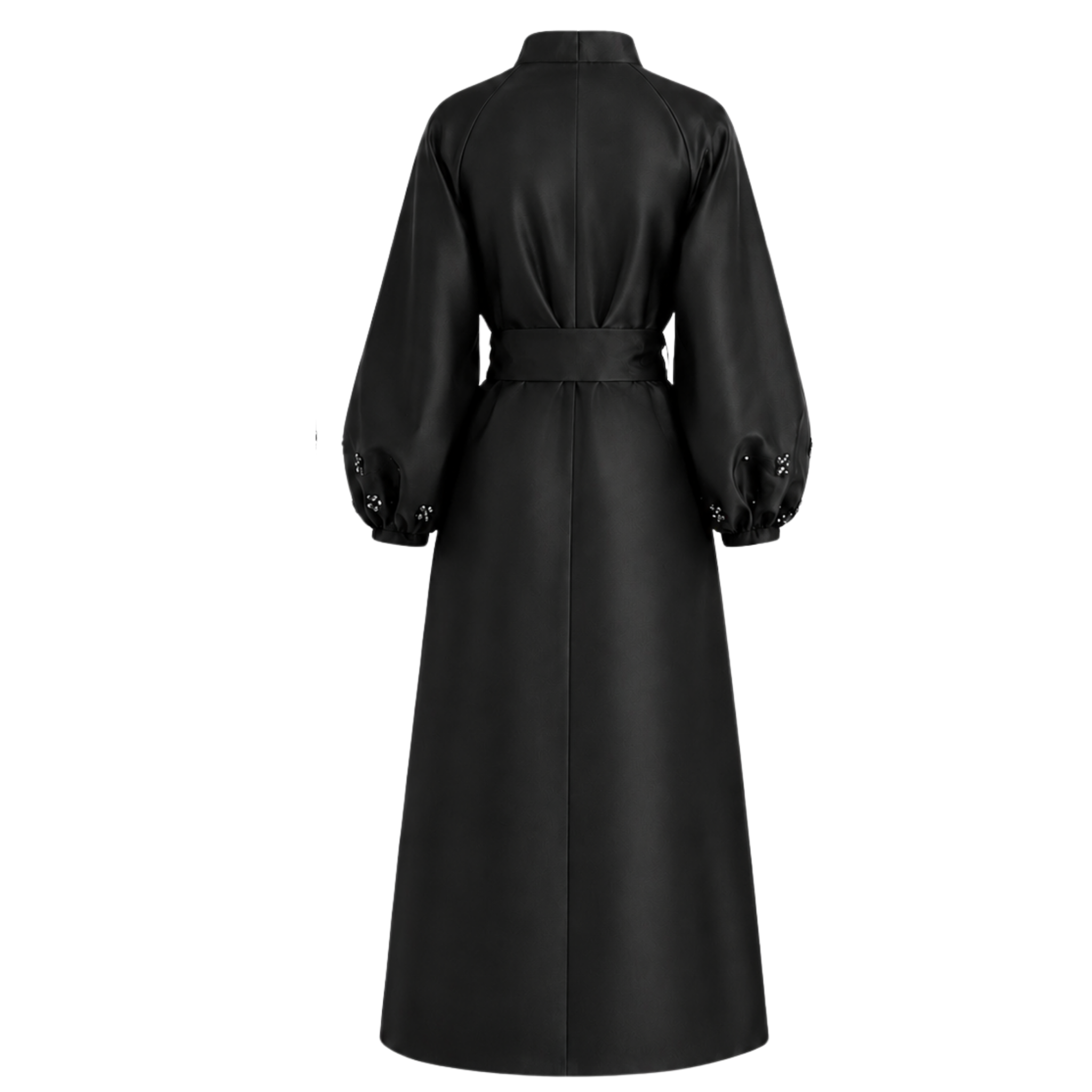 STONE EMBROIDERED SLEEVES BELTED WAIST TAFFETA DRESS BLACK