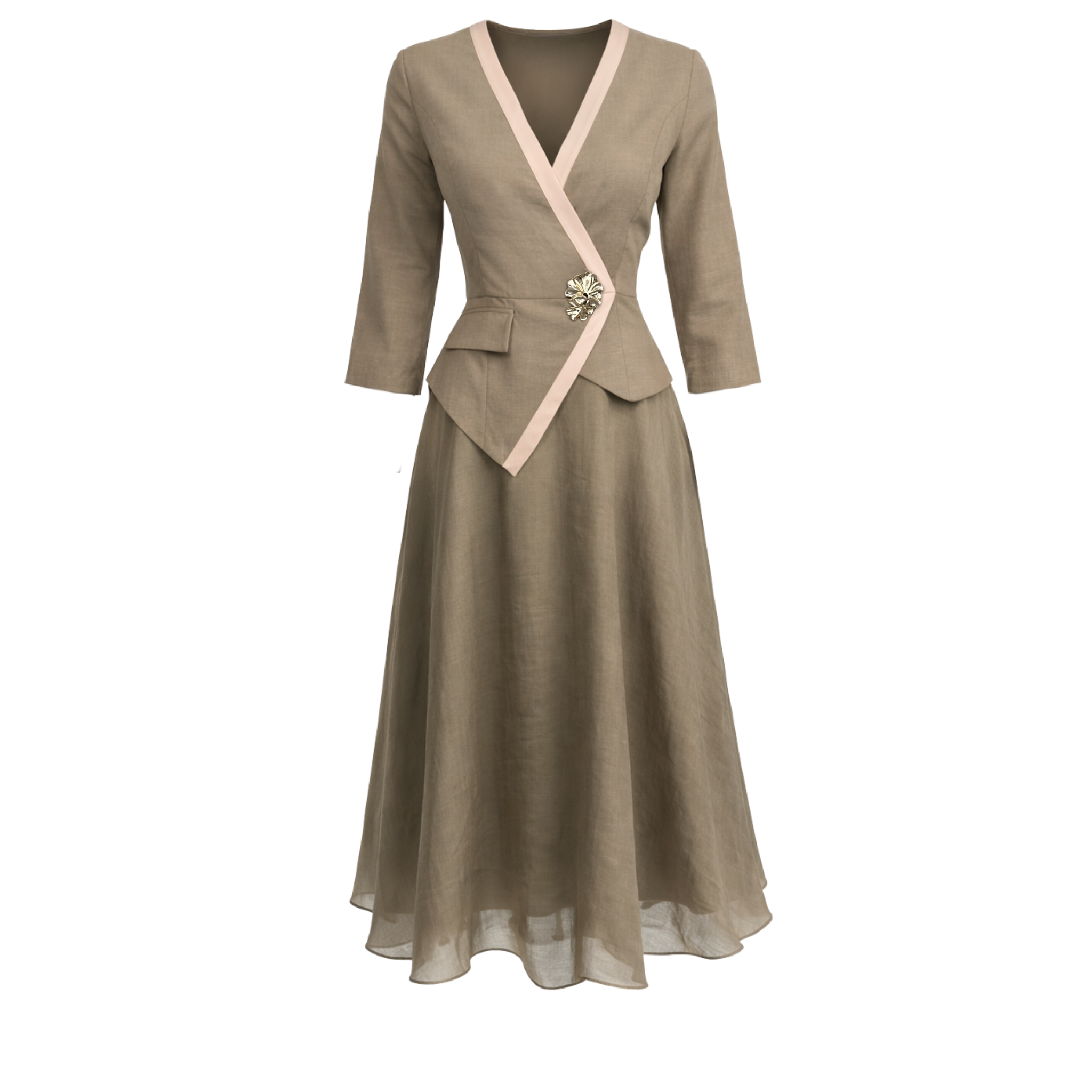 WRAP NECK FABRIC MIX DRESS KHAKI